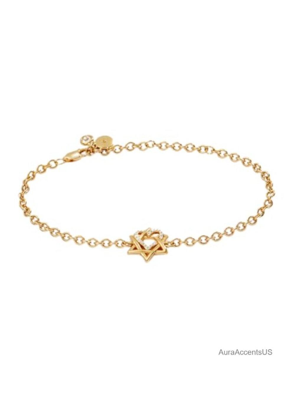 Star of David Heart Link Bracelet, 14kt Gold Plated, Crystal Encrusted,